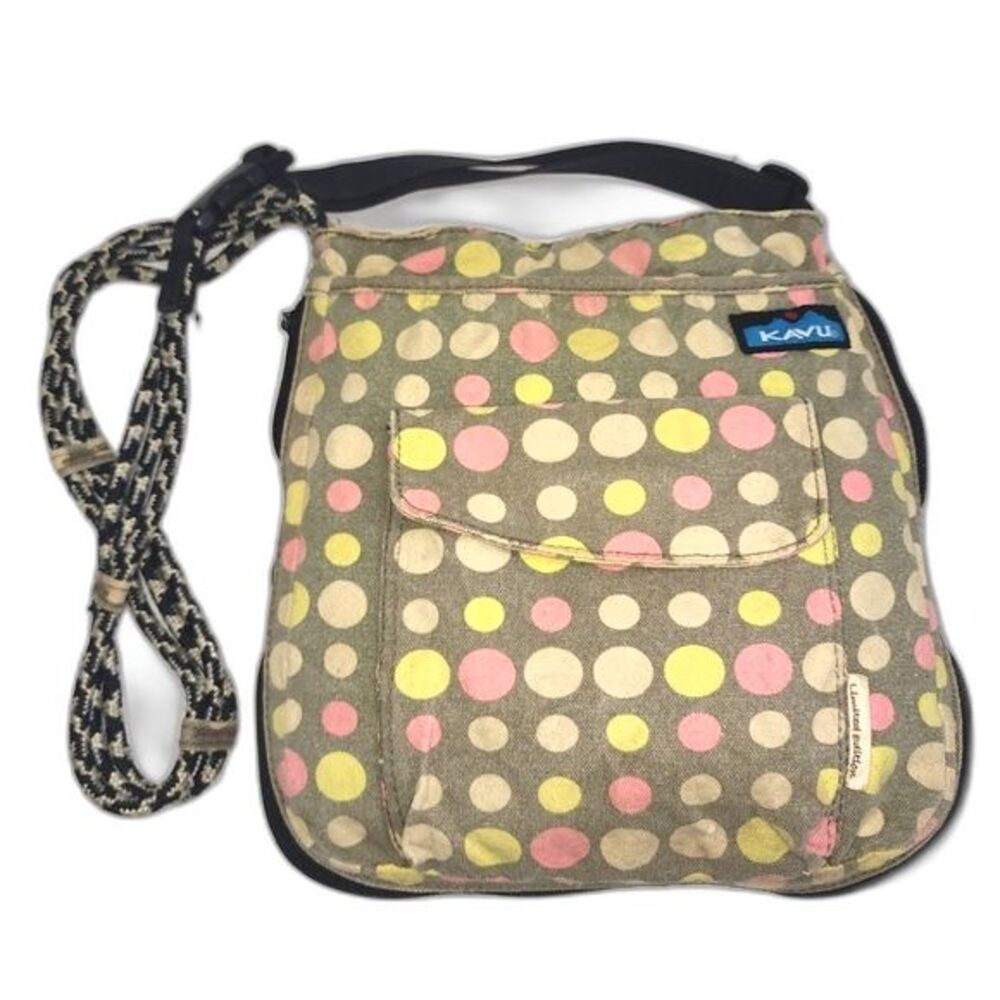 Kavu Limited Edition Tan With Pink & Yellow Polka Dot Canvas Rope Crossbody Bag
